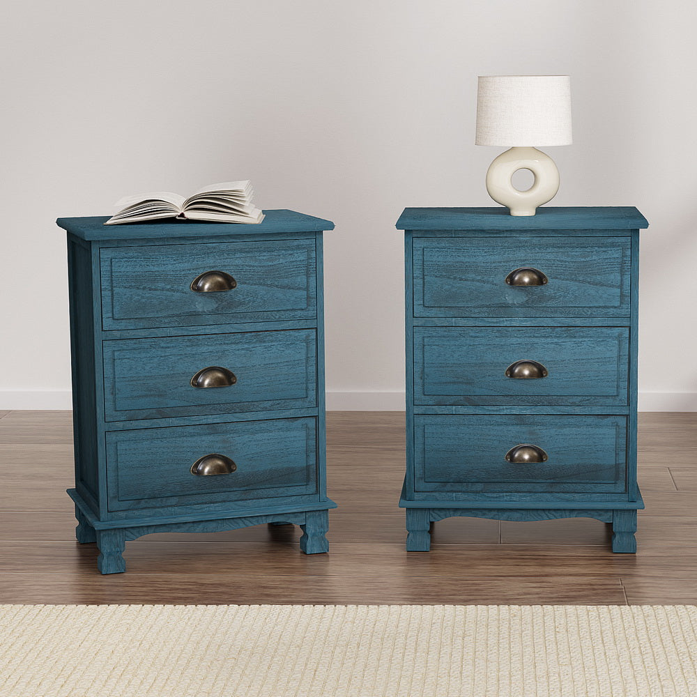Artiss 2x Bedside Table 3 Drawers Vintage - THYME Blue Bedworld