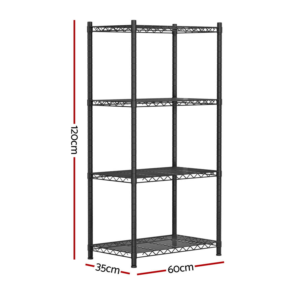 4-tier steel shelving unit with size diagram, wire shelves and dark frame