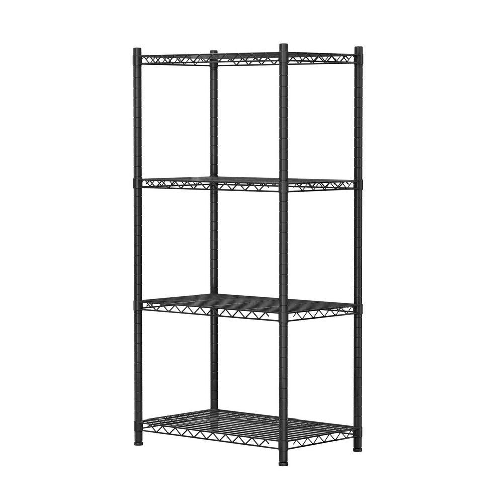4-tier steel shelving unit with 4 wire shelves, dark frame