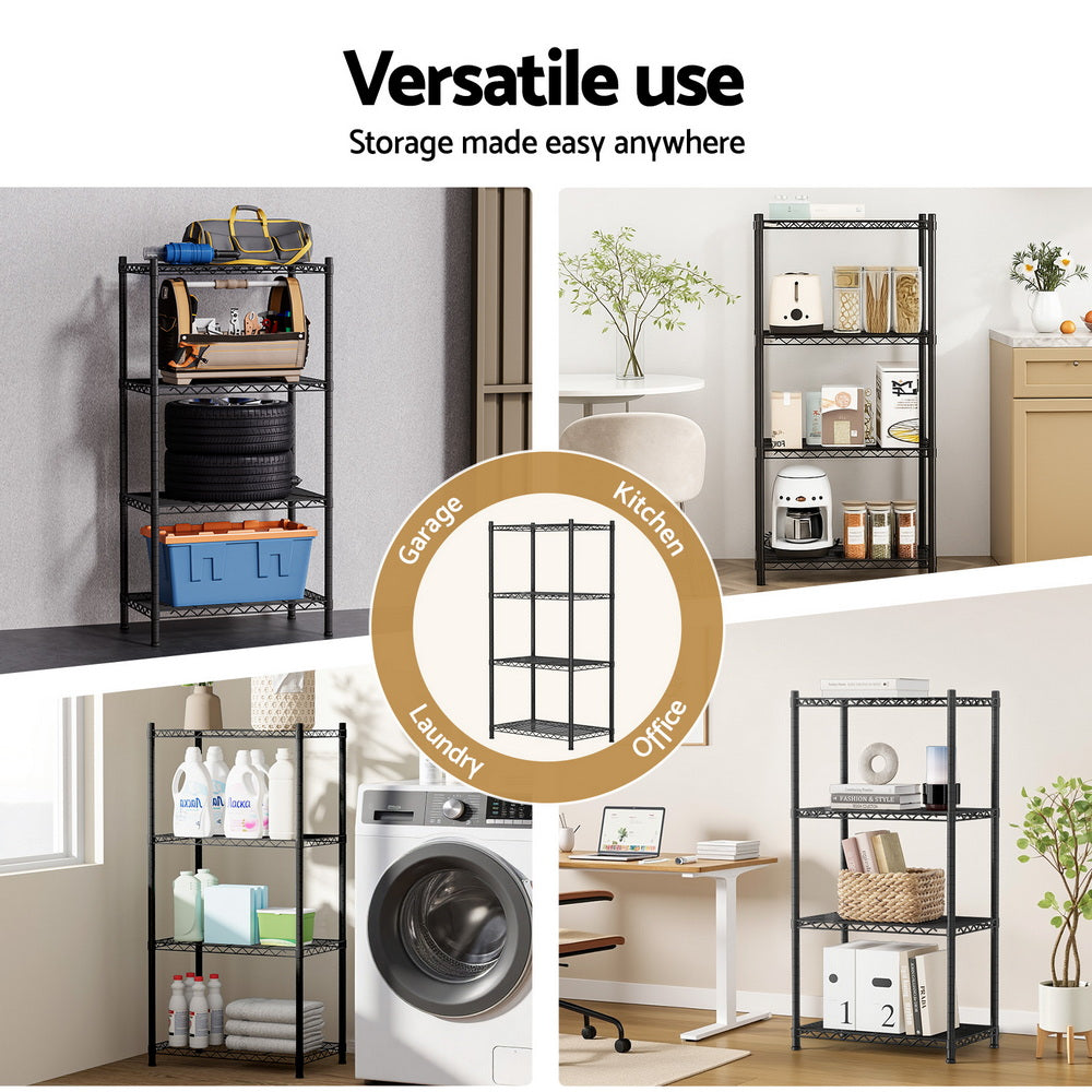 4-tier steel shelving unit shown for garage, kitchen, laundry, and office storage