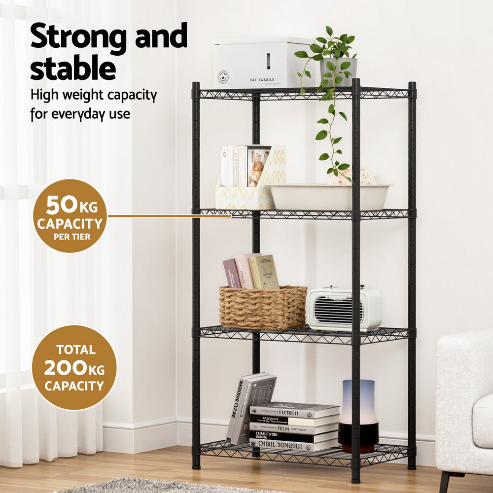 4-tier steel shelving unit with strength and weight capacity badges