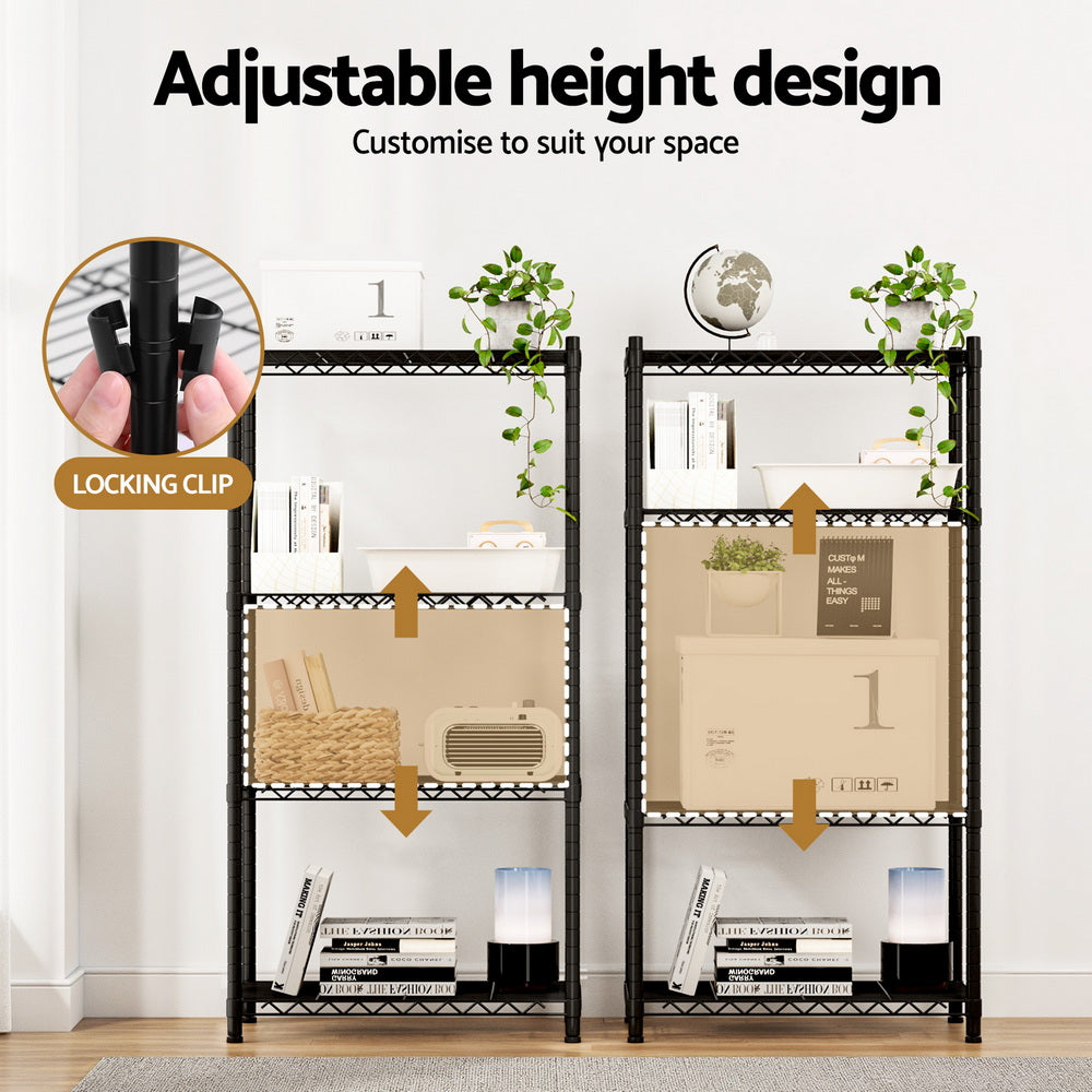 4-tier steel shelving unit with adjustable height locking clips