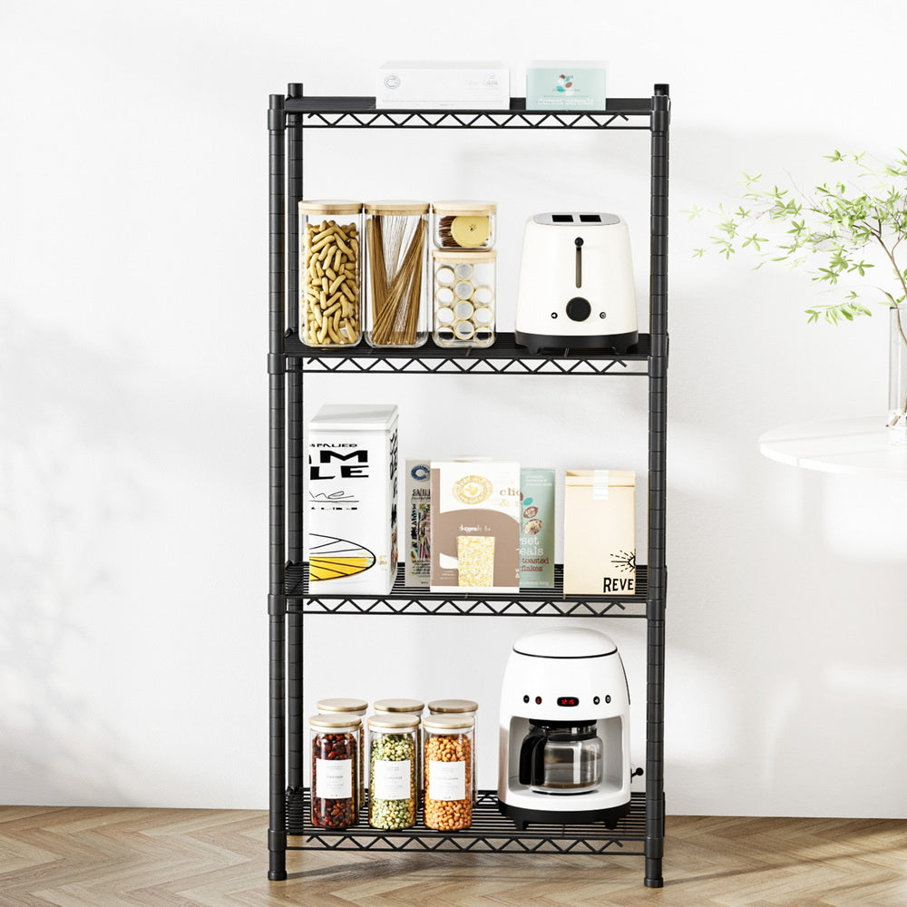 4-tier steel shelving unit with wire shelves filled with kitchen storage items