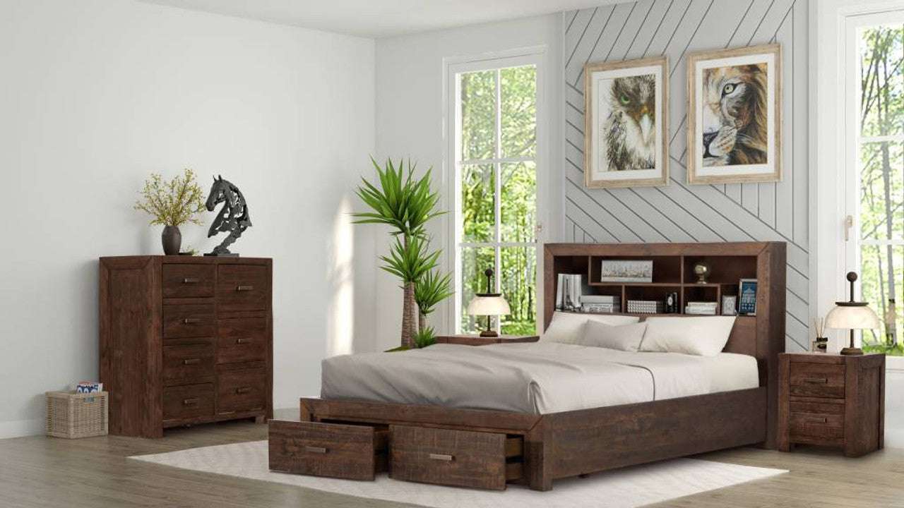 Sedona Timber Bed Frame with Bookshelf & Storage 4-Piece Bedroom Suite