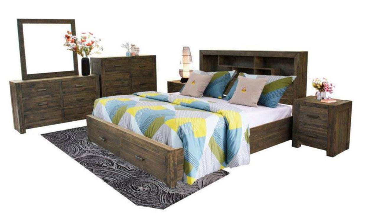 Sedona Timber Bed Frame with Bookshelf & Storage 4-Piece Bedroom Suite