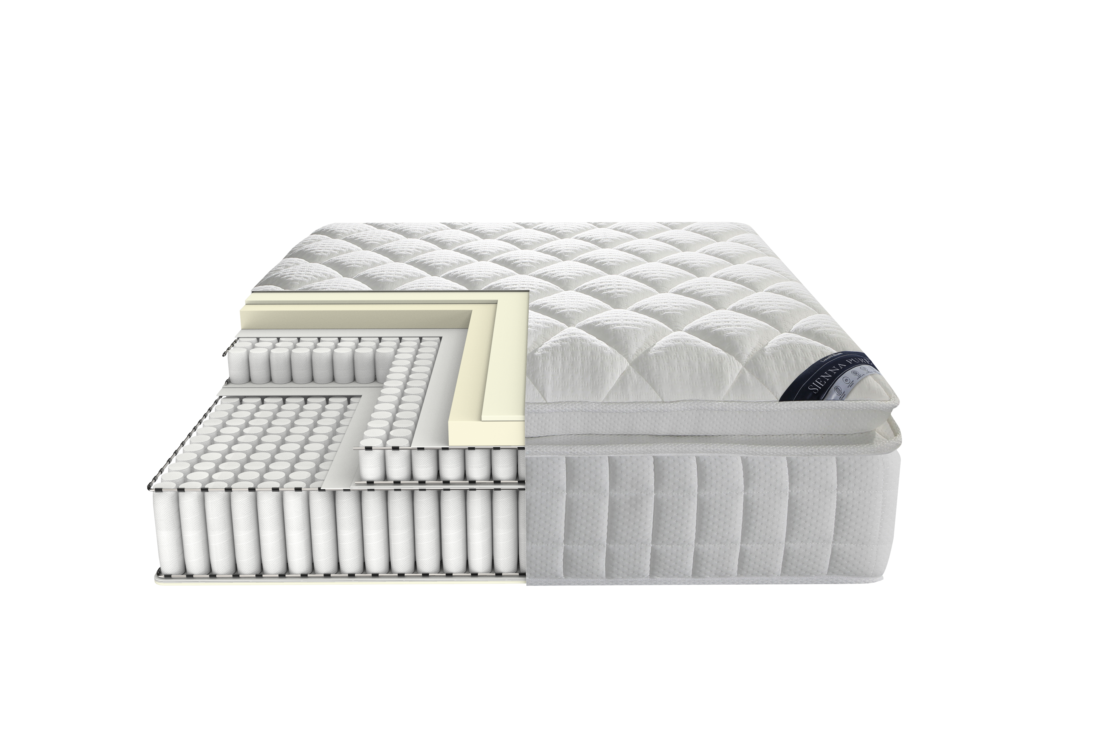 Gray mattress with a quilted top and striped sides on a white background