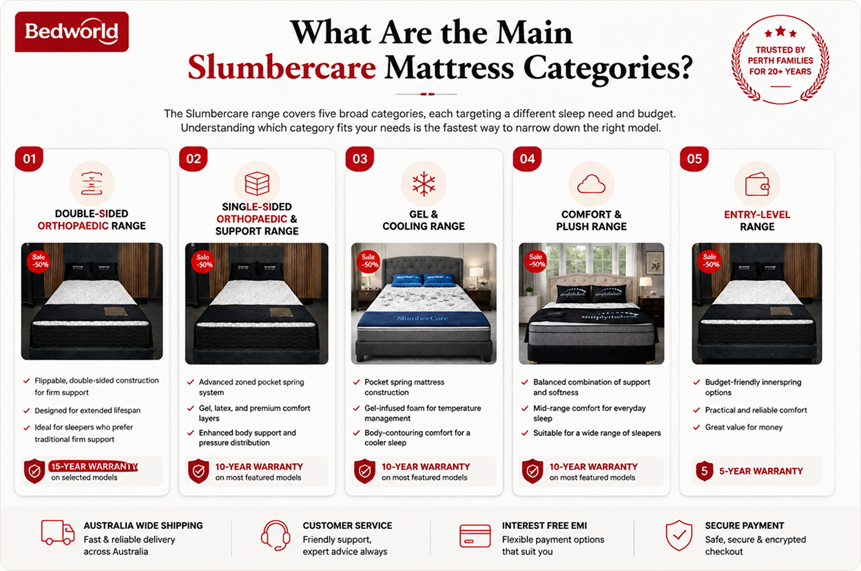 Slumbercare mattress categories including orthopaedic mattress, pocket spring mattress, gel cooling mattress, plush mattress and entry-level mattress by Bedworld