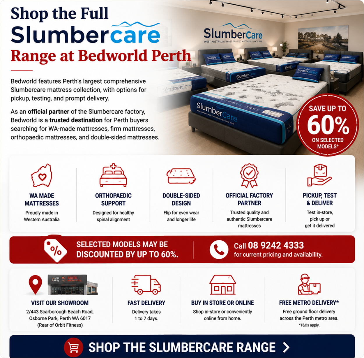 Slumbercare mattress range at Bedworld Perth featuring WA-made mattresses, orthopedic support and double-sided designs