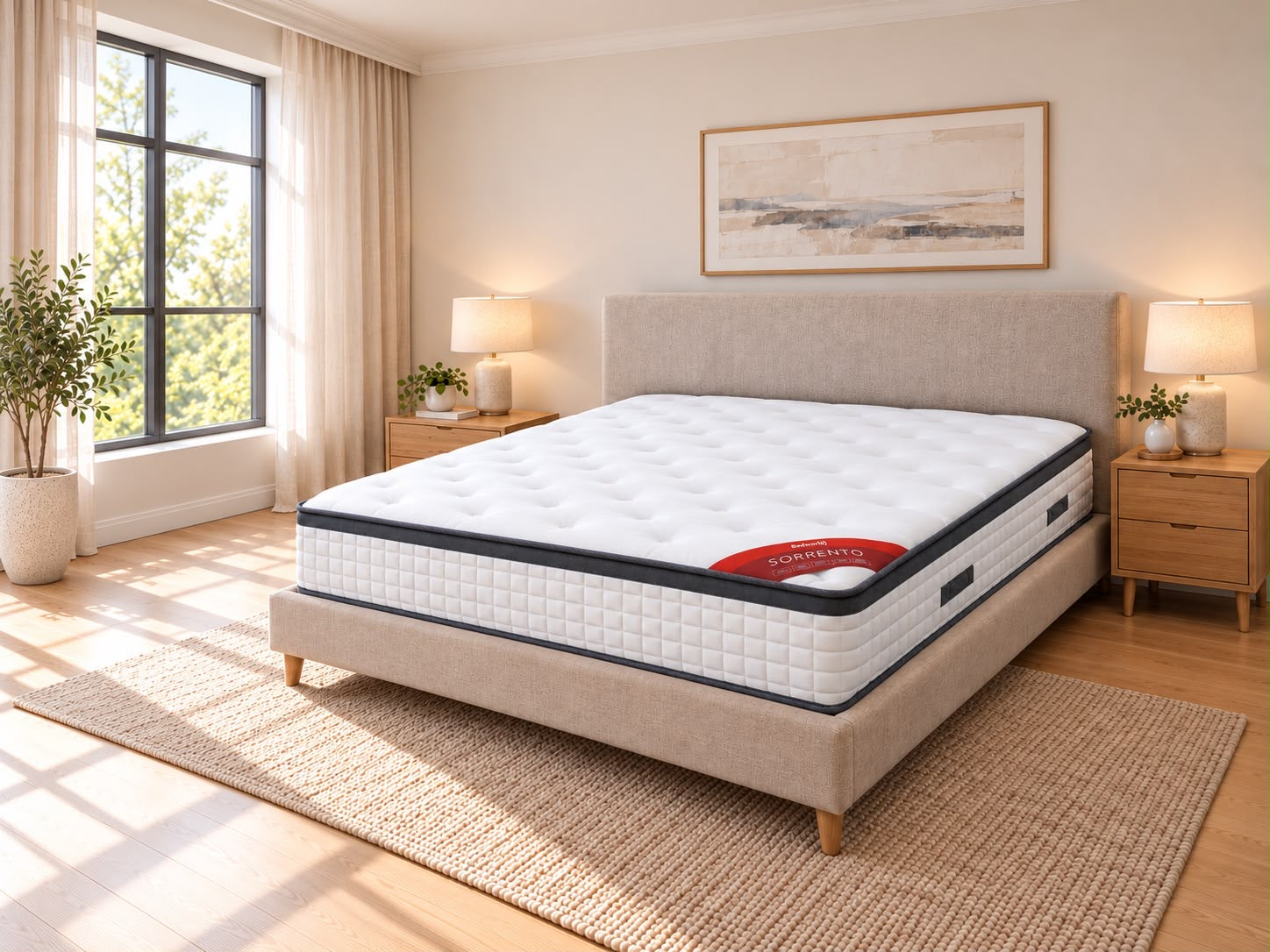 Sorrento 28cm zoned pocket spring mattress in a box fully expanded on a bed frame