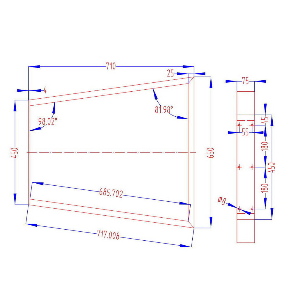 Trapezoid metal table leg dimensions diagram with height and width measurements