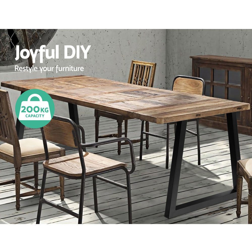 Wooden dining table with black metal trapezoid table legs