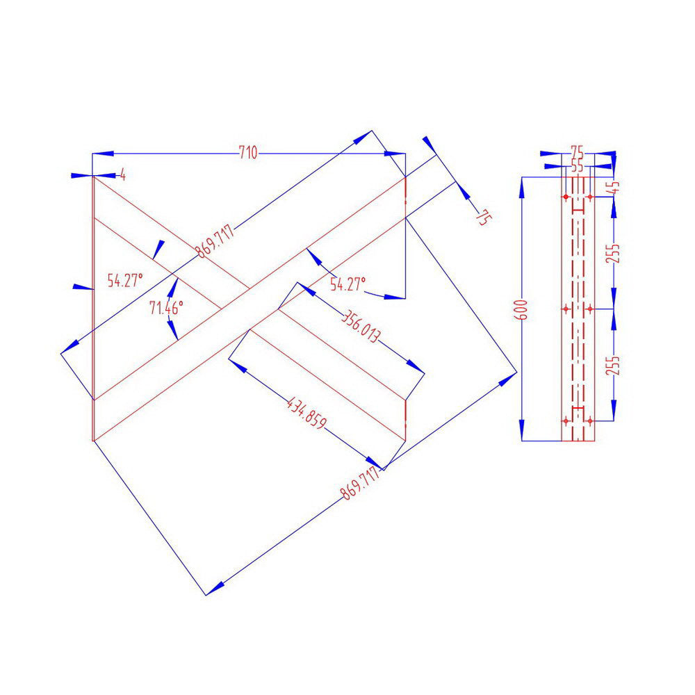 Table leg design diagram with X-shaped brace and overall dimensions.