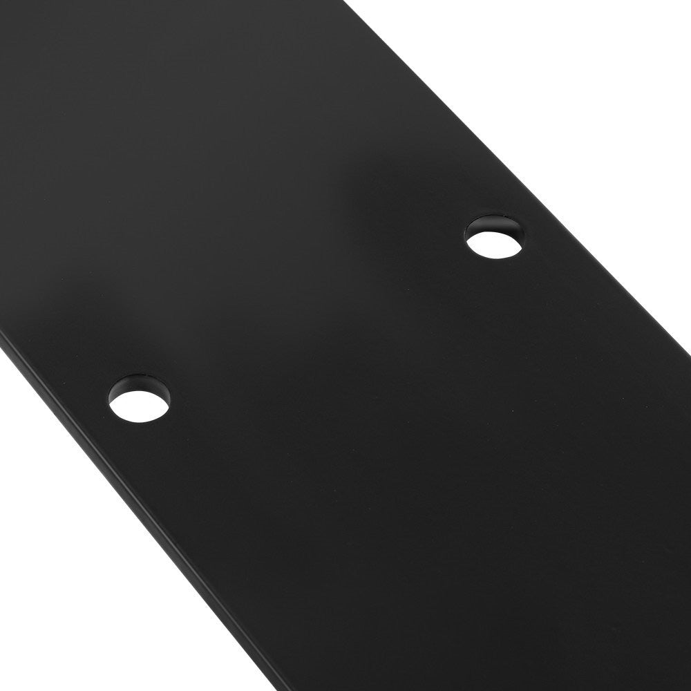Black metal table leg mounting plate with two circular holes.