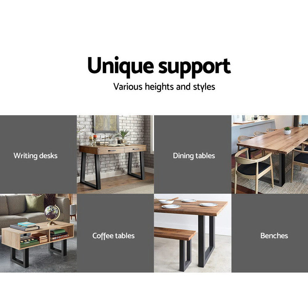 Black metal X-style table legs shown in different furniture setups.