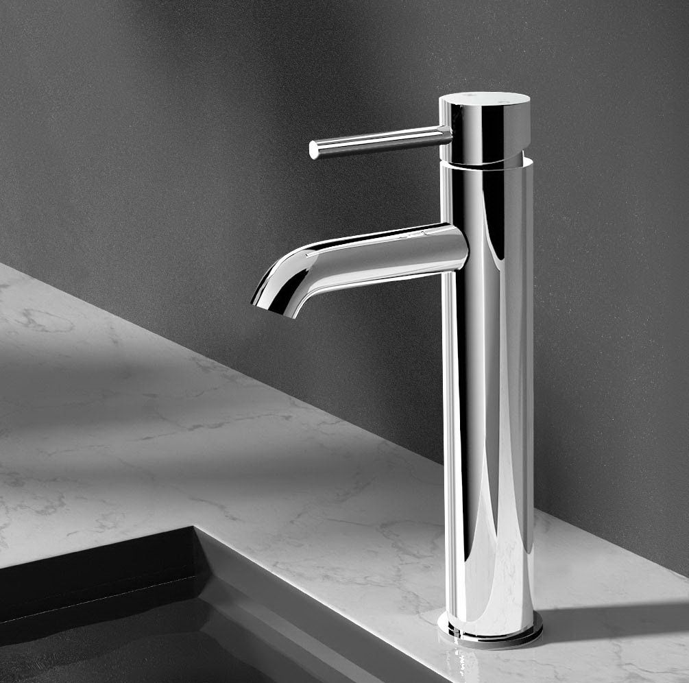 Chrome tall basin mixer tap with single lever handle and curved spout