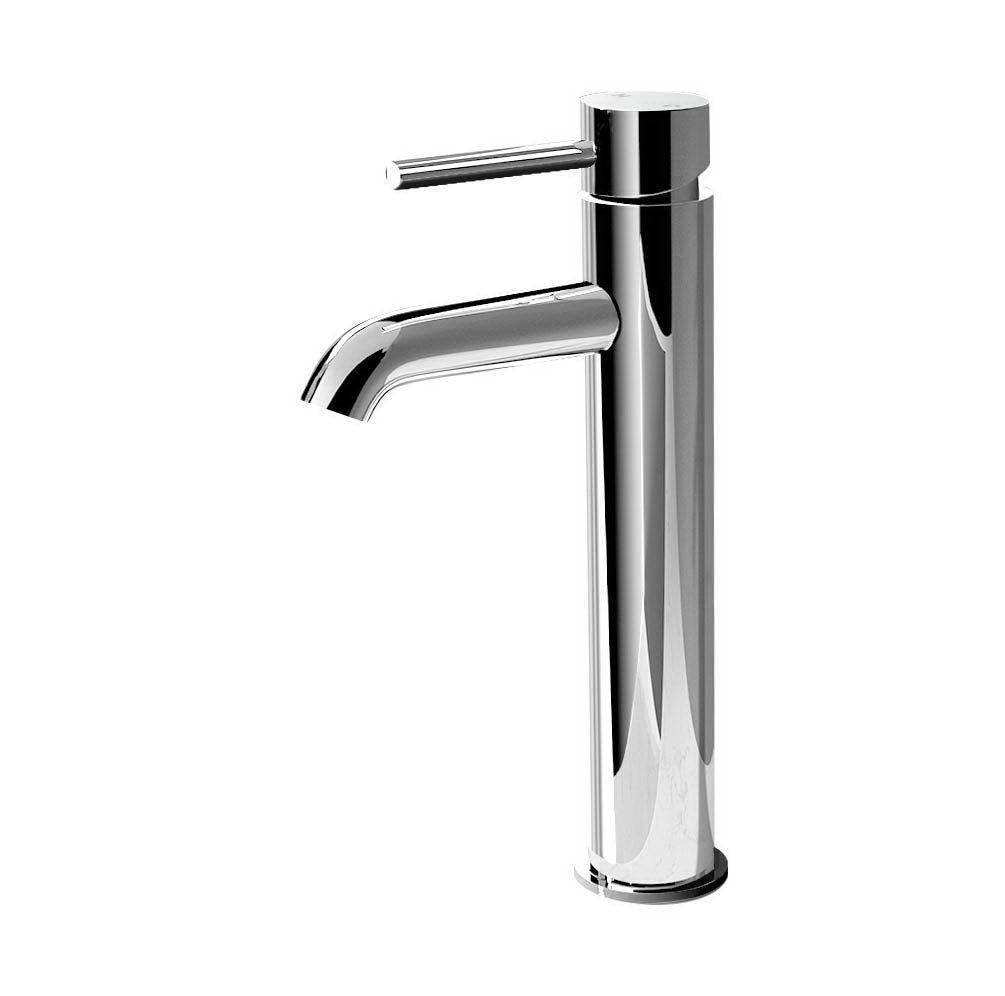 Chrome tall basin mixer tap with curved spout and cylindrical mounting base