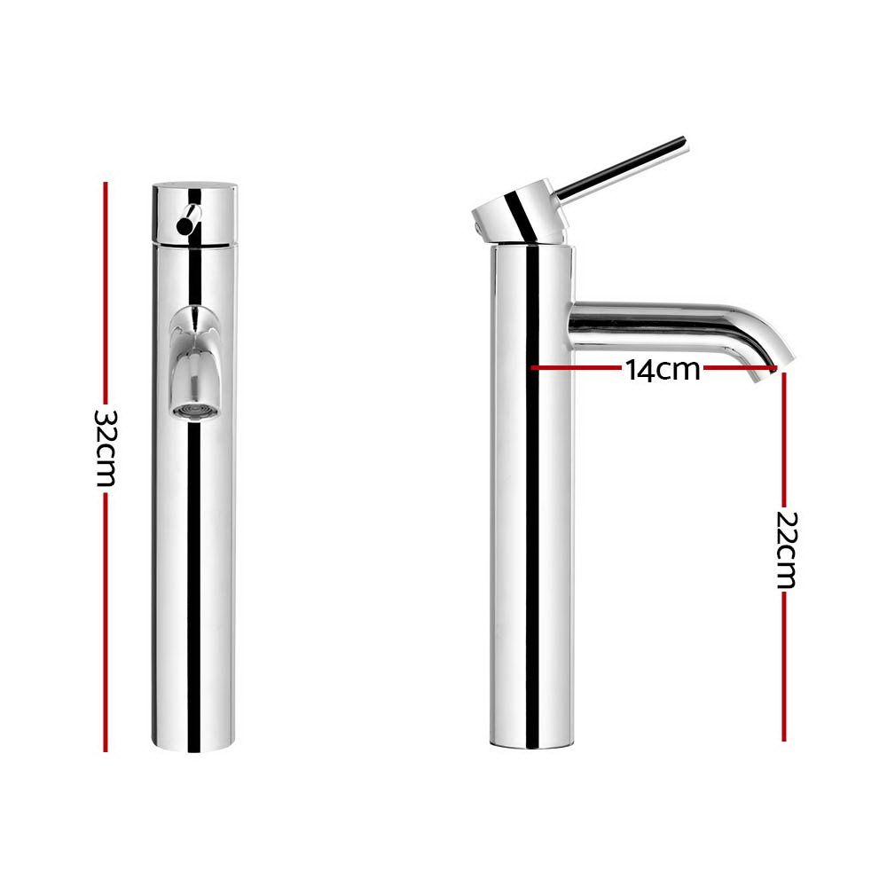 Tall chrome basin mixer tap with marked dimensions (32cm height)