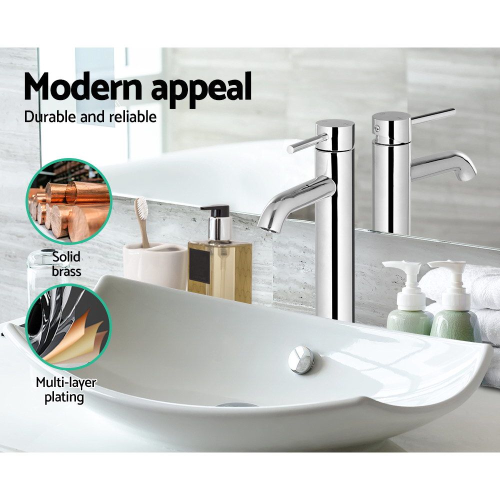 Chrome tall basin mixer tap with lever handle and curved spout