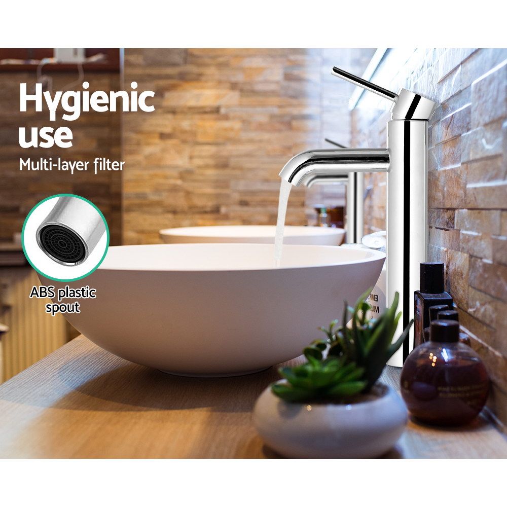 Chrome tall basin mixer tap with curved spout and aerator nozzle