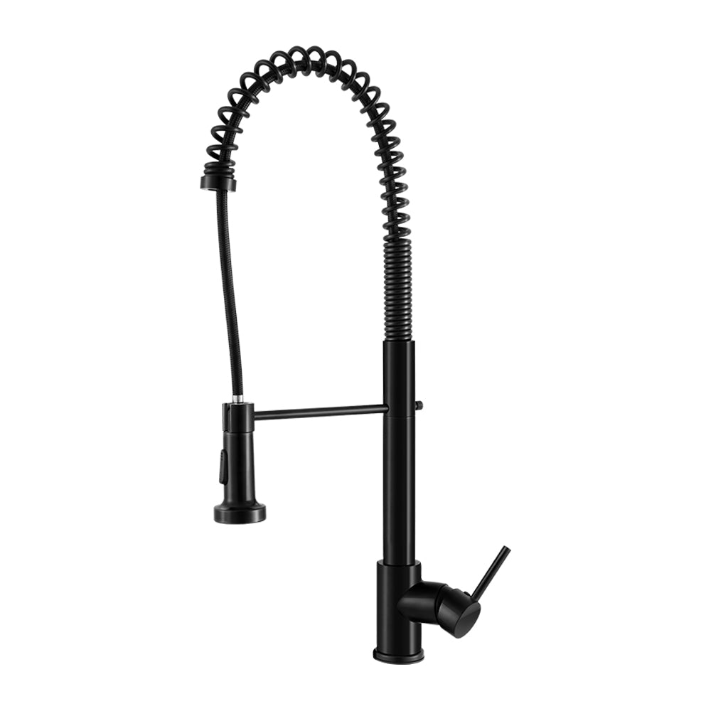 Black pull-down kitchen mixer tap with spring hose and side lever