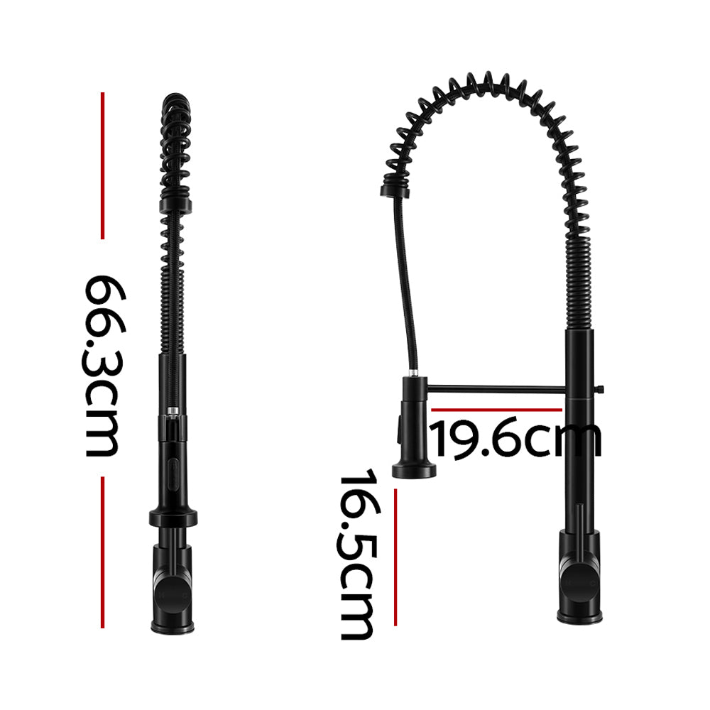 Black pull-down kitchen mixer tap with tall arched spout and extended hose