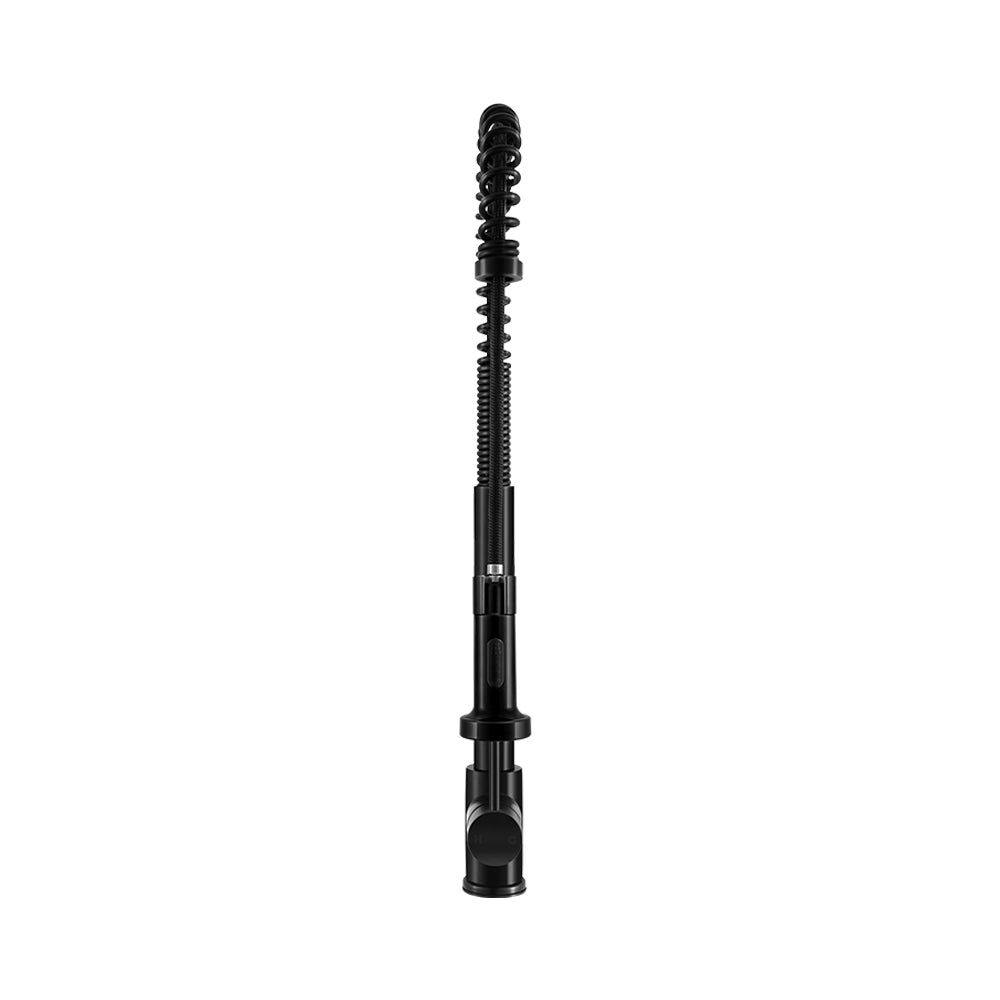 Black pull-down faucet with coiled hose and compact base control