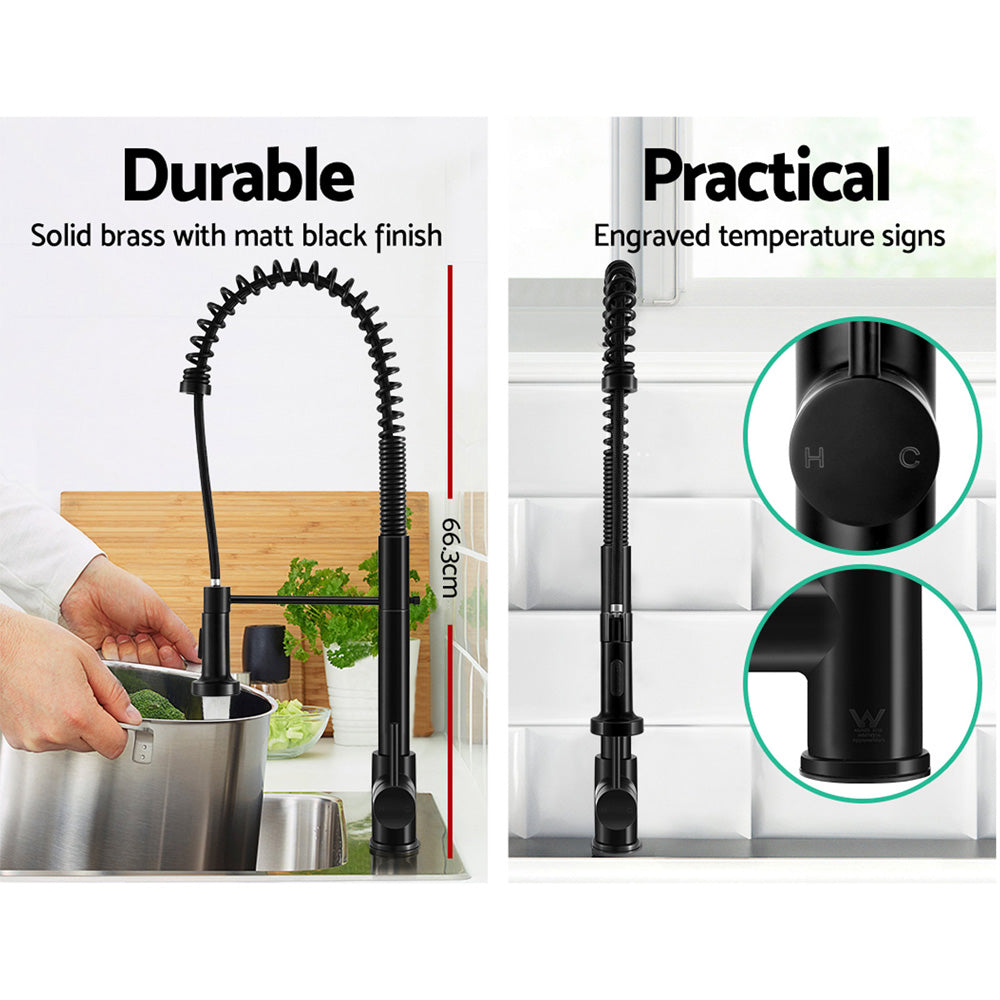 Black kitchen pull-down faucet with matte finish and dual control knobs