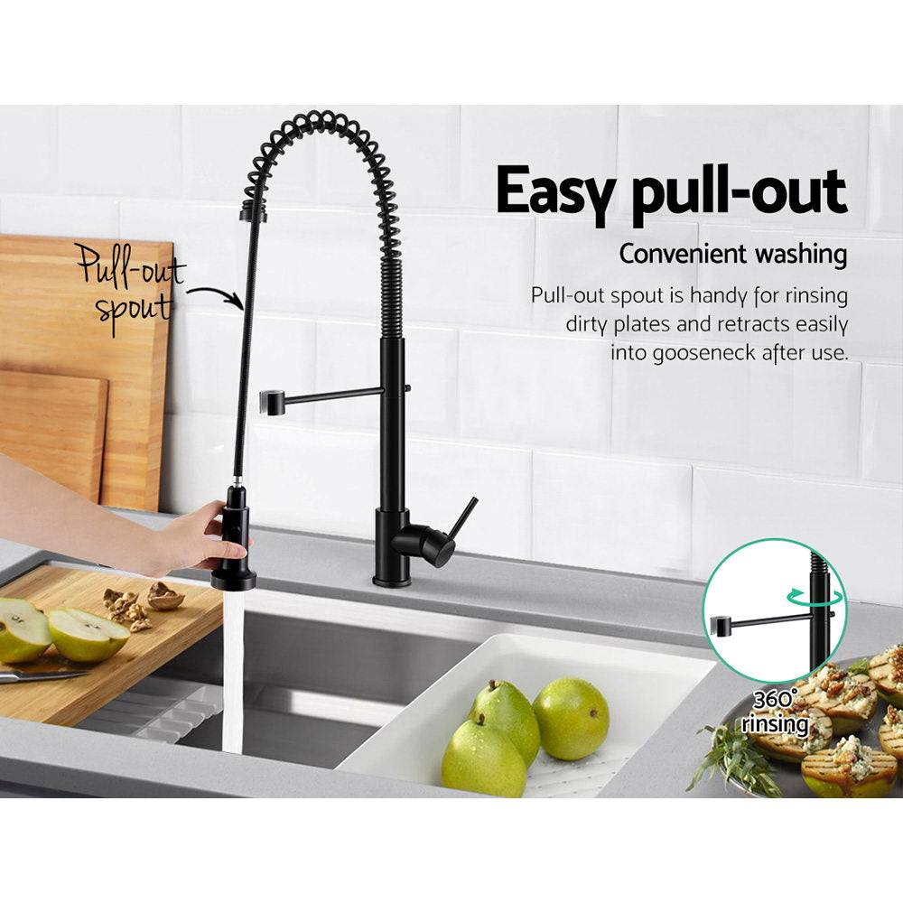 Black pull-out sink faucet with arched hose spout and side spray handle