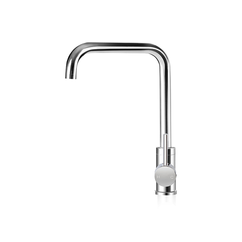 Chrome kitchen mixer tap with tall arched spout and single lever handle.