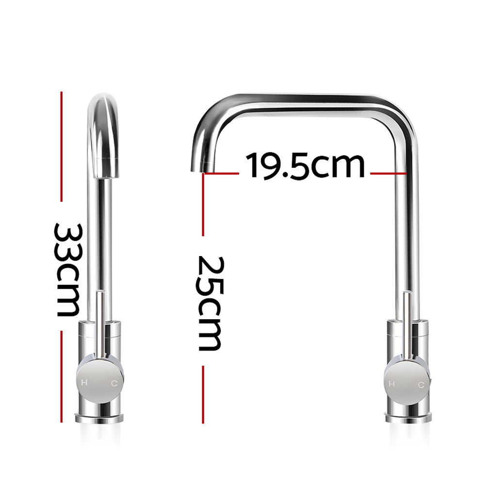 Chrome kitchen mixer tap with arched spout and single lever mixer handle.