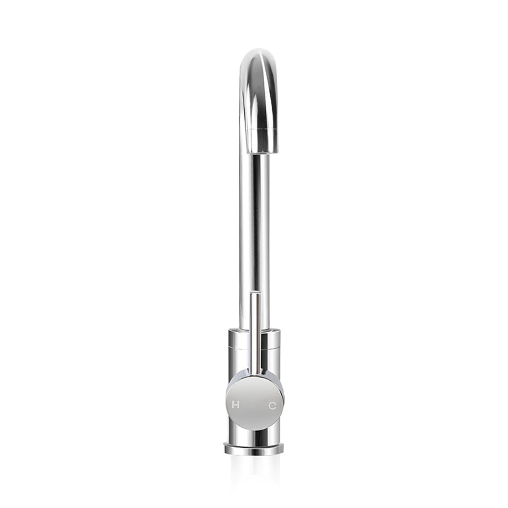 Chrome kitchen mixer tap with tall arched spout and side lever control.