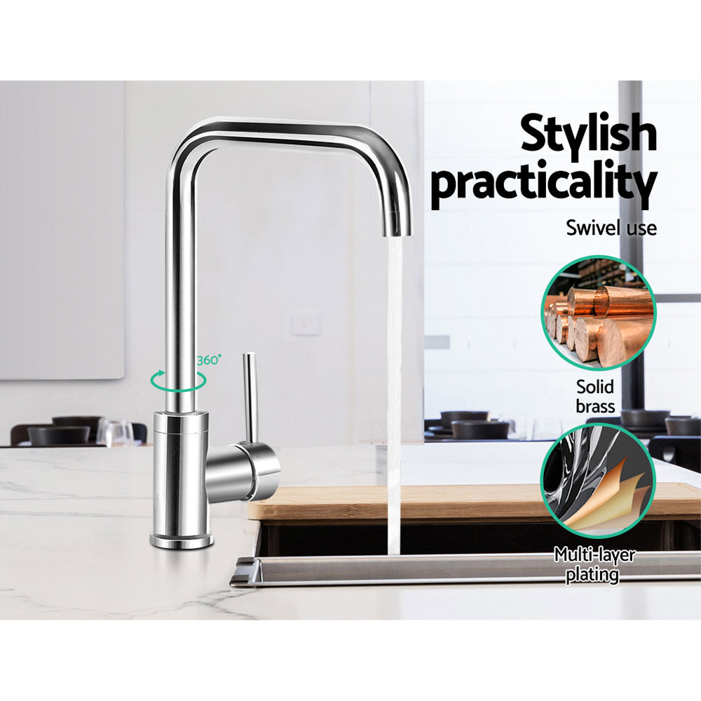 Chrome kitchen mixer tap with arched spout and single lever, swivel use.