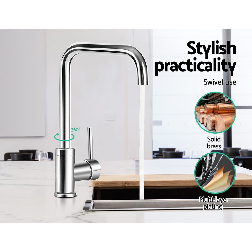 Chrome kitchen mixer tap with arched spout and single lever, swivel capability.