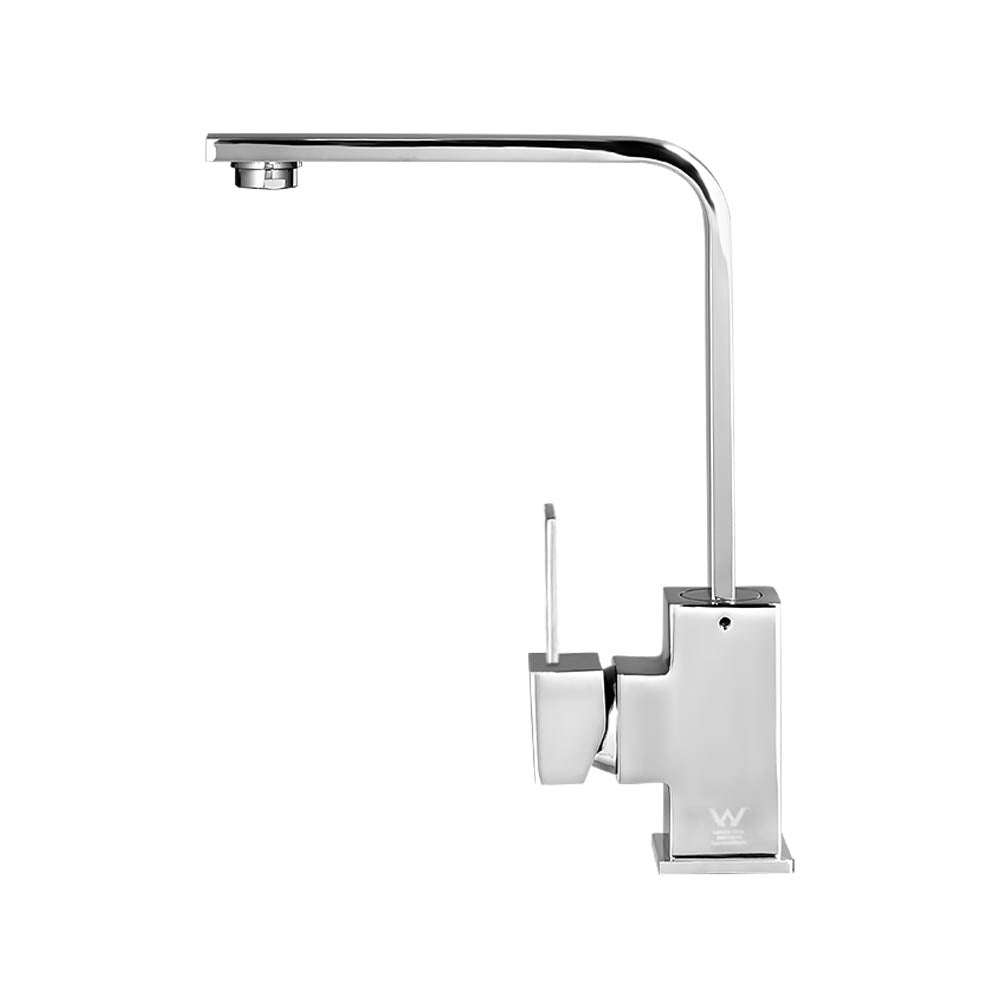 Chrome kitchen mixer tap with tall curved spout and lever handle