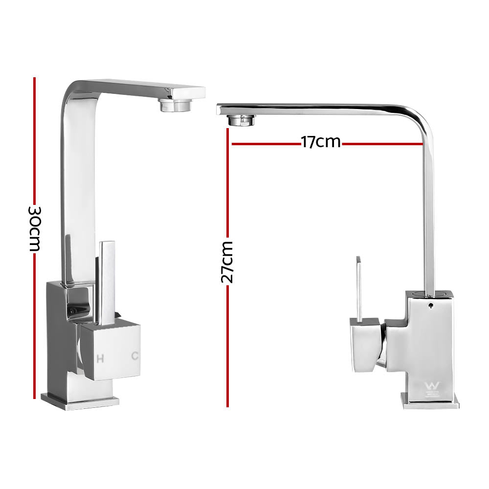 Chrome kitchen mixer tap with tall curved spout and square control base