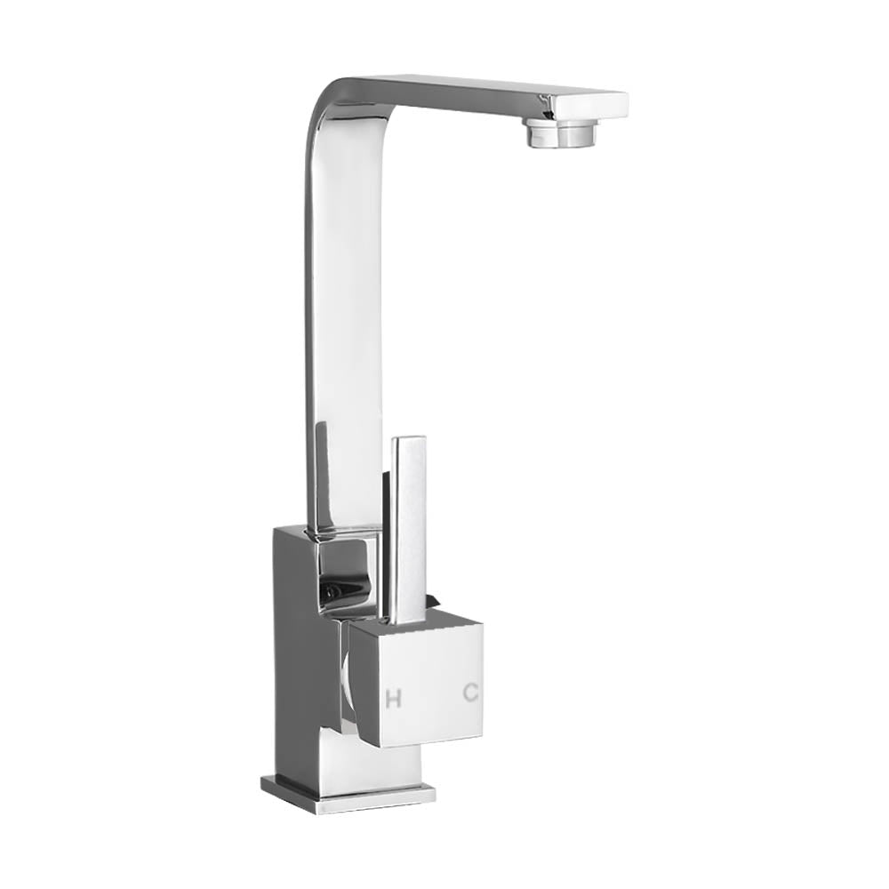 Chrome kitchen mixer tap with tall curved spout and square base