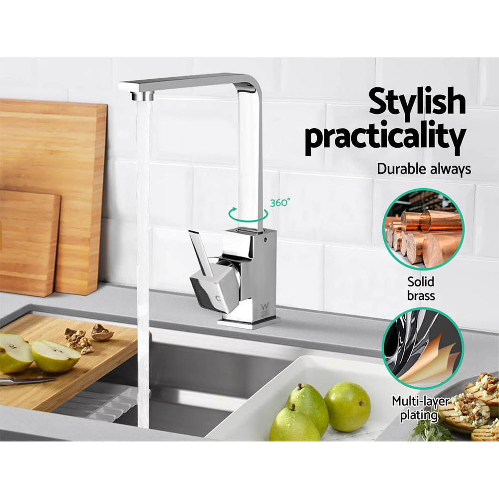 Chrome kitchen mixer tap with curved spout and square cartridge body
