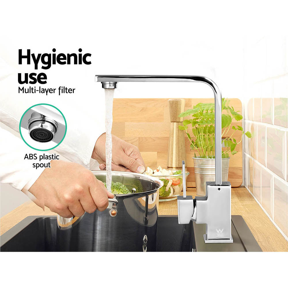 Chrome kitchen mixer tap with curved spout and square filter housing