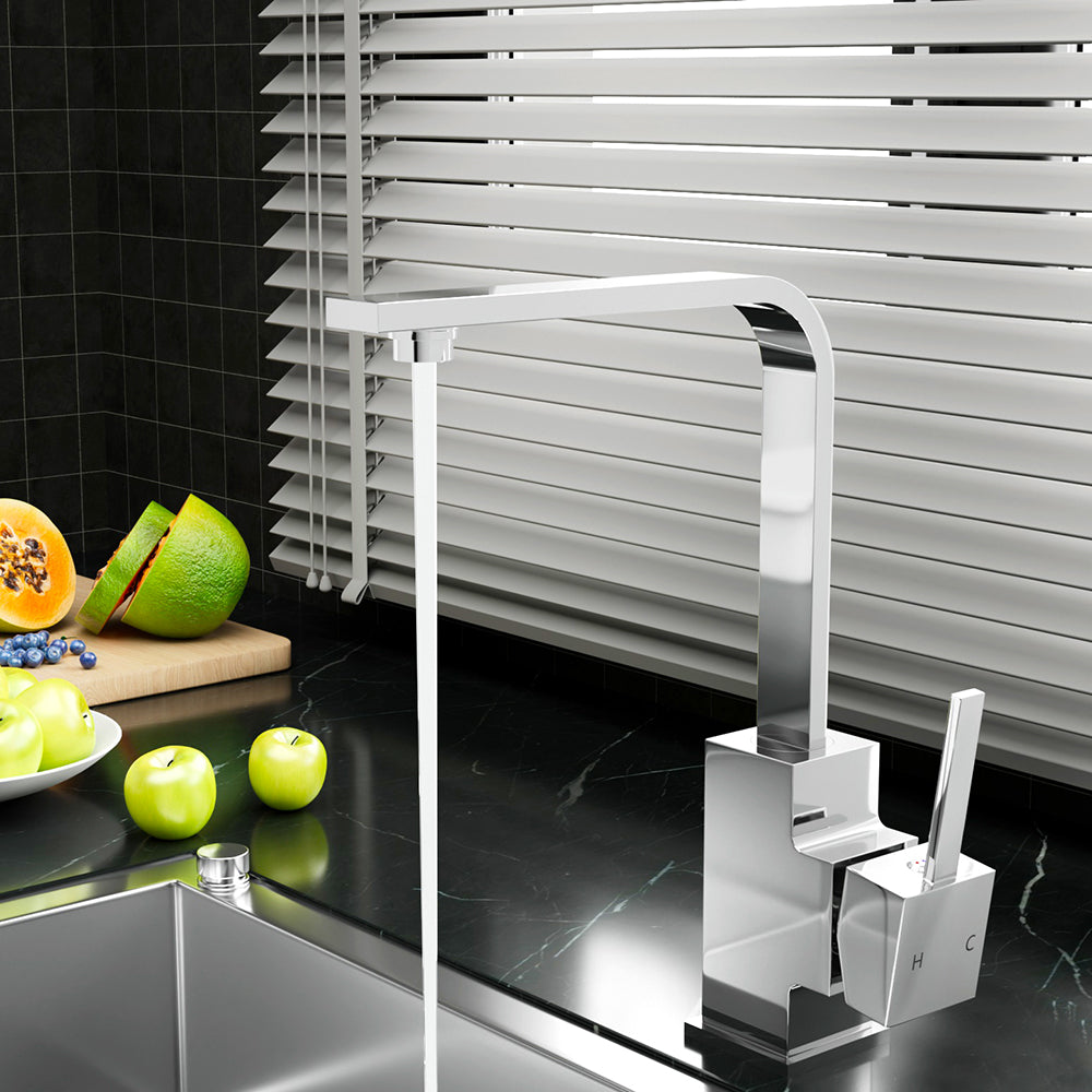 Chrome kitchen mixer tap with tall curved spout and square deck-mounted base