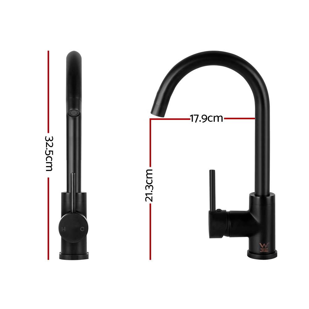 Black kitchen sink mixer tap with tall spout and side lever; height marked in diagram
