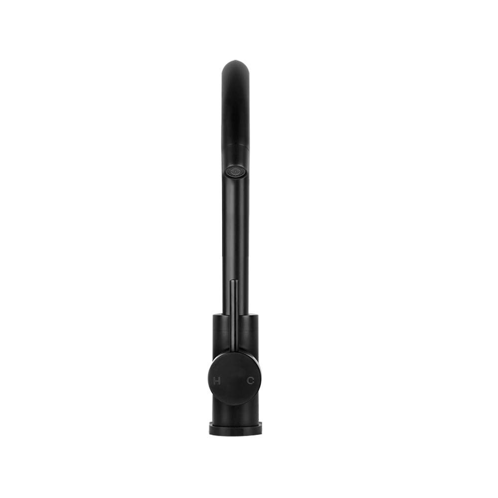 Black tall spout mixer tap with round base and side lever handle