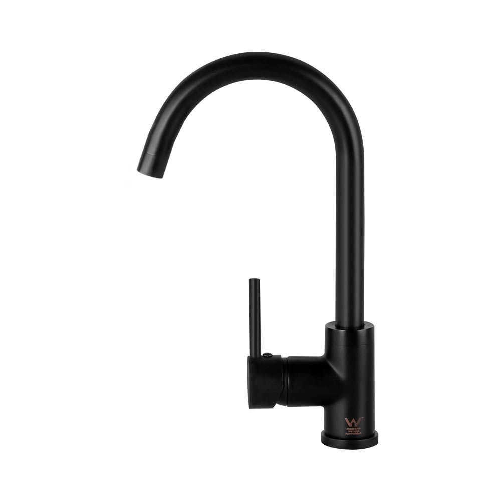 Black kitchen sink mixer tap with curved gooseneck spout and deck-mounted base