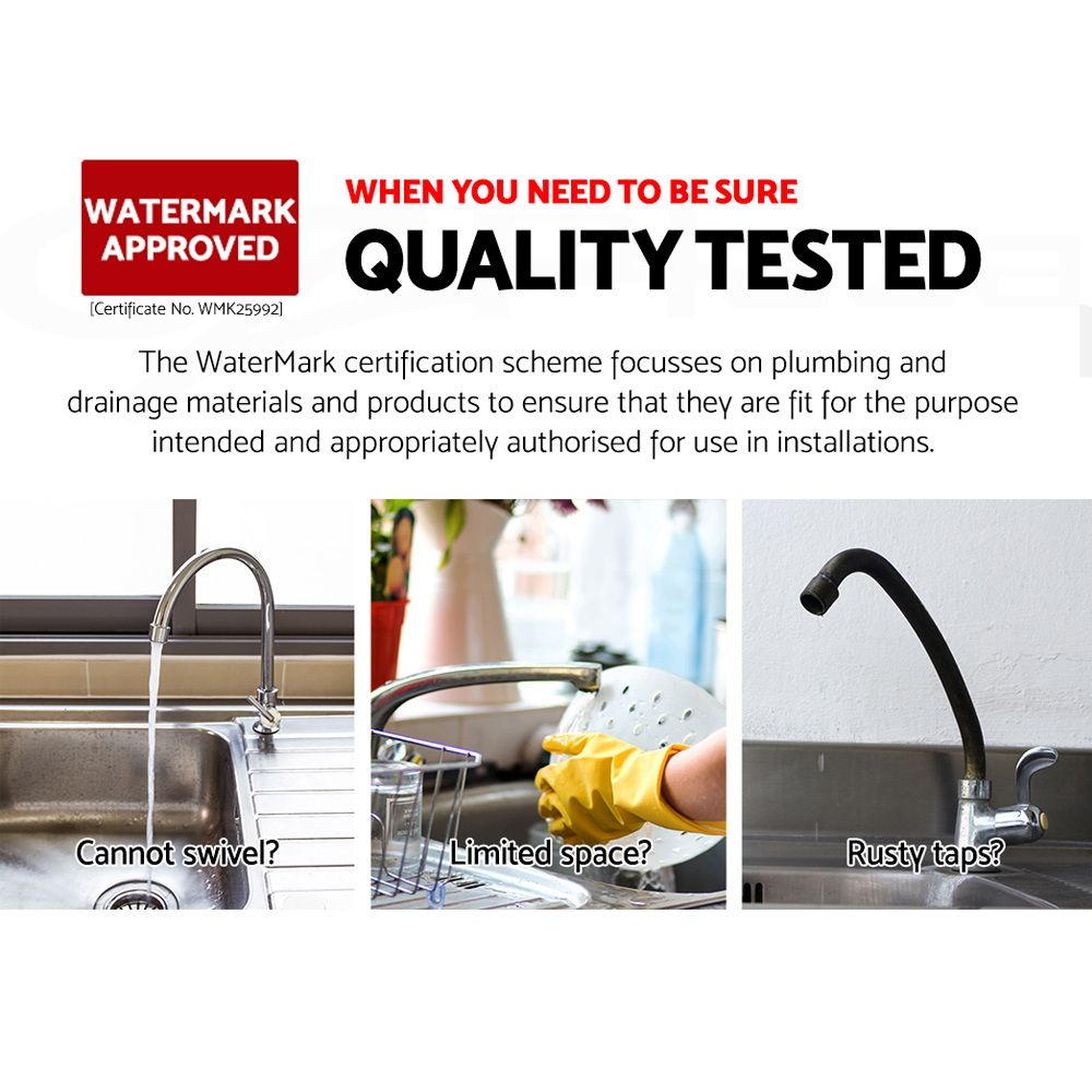 Black kitchen mixer tap with arched spout over sink, showing water droplets
