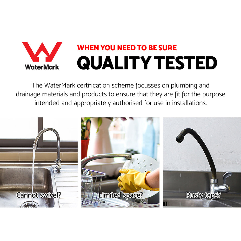 Chrome kitchen sink faucet shown in quality test marketing graphic