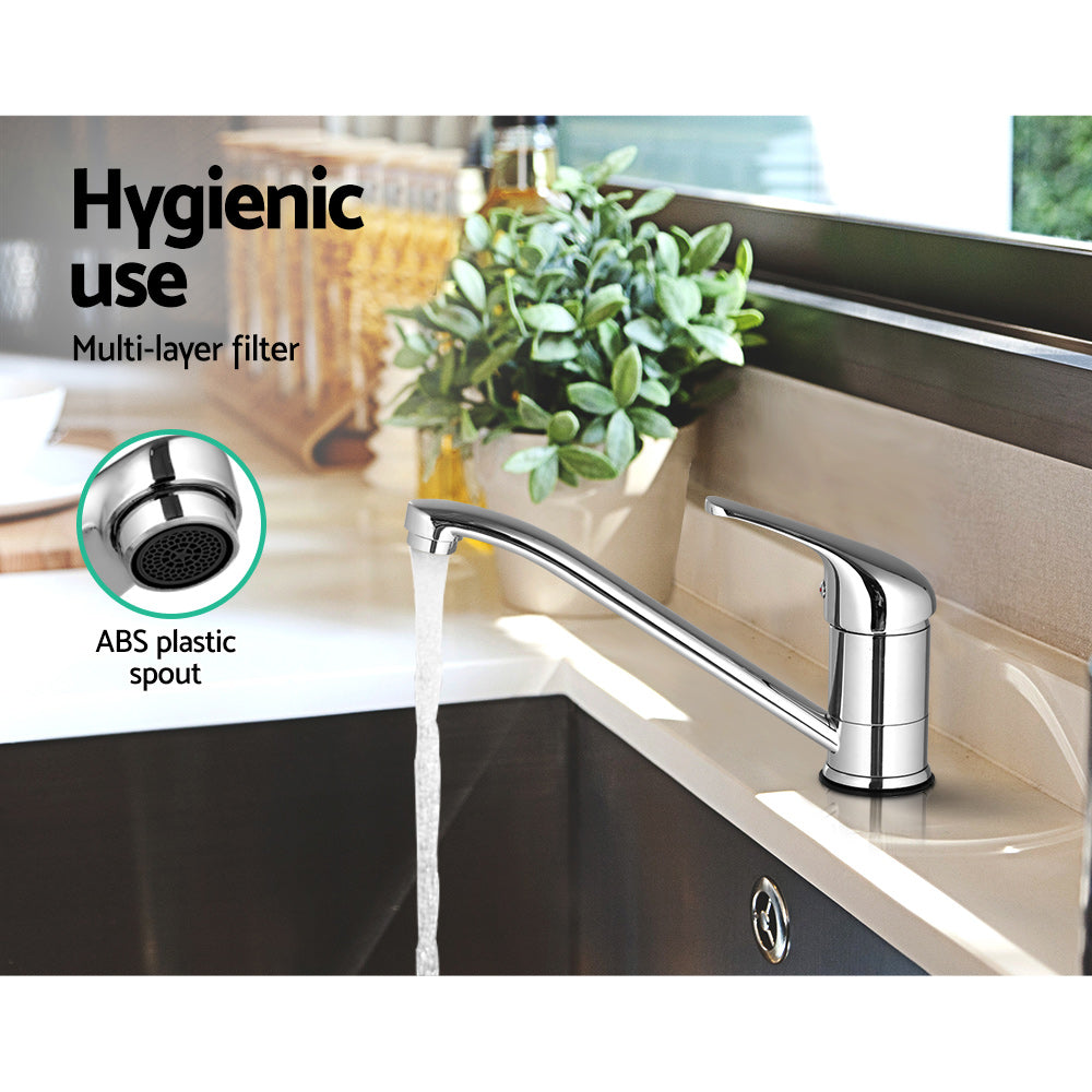 Chrome kitchen mixer tap with long spout, water stream and round aerator head