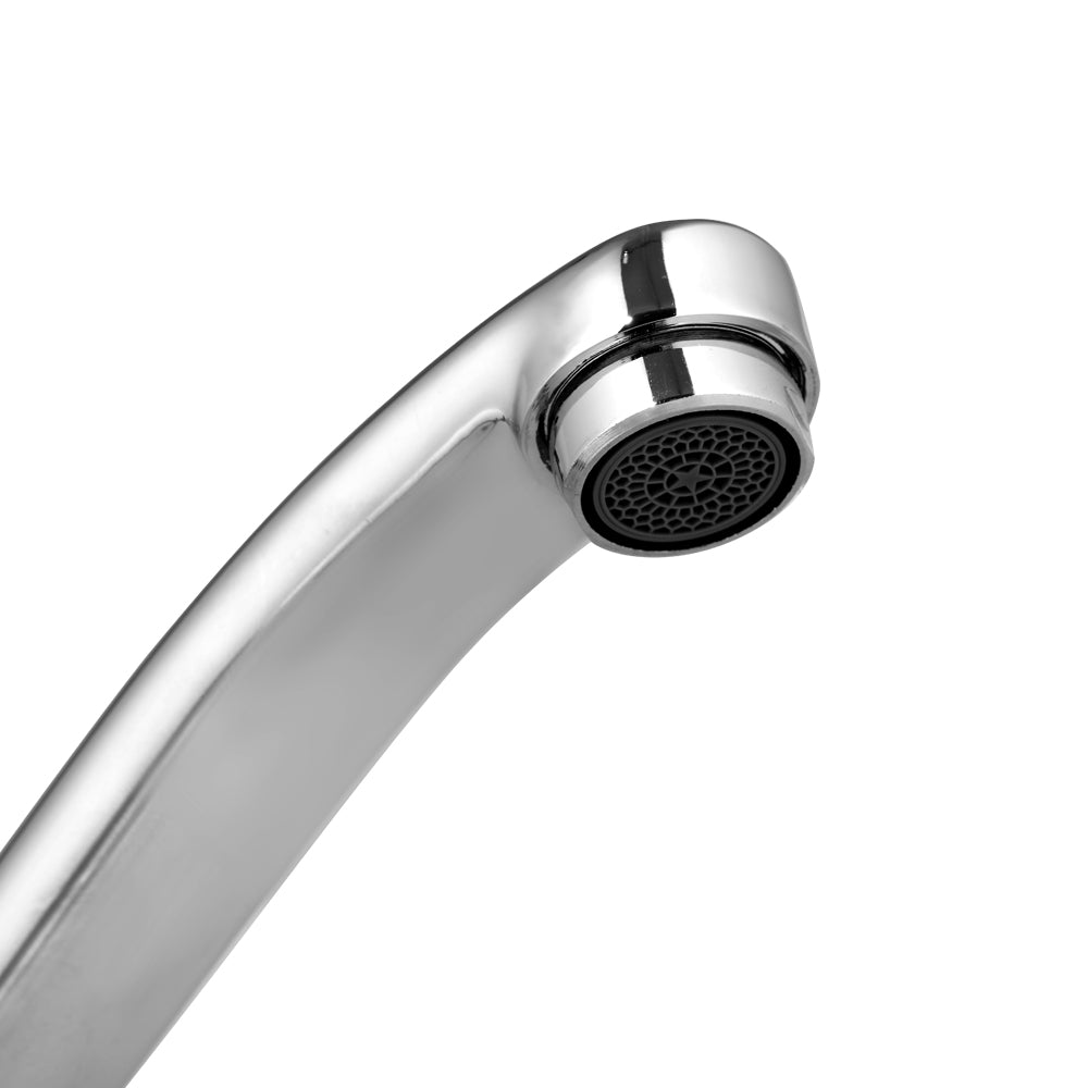 Chrome faucet aerator with round spray head, angled close-up