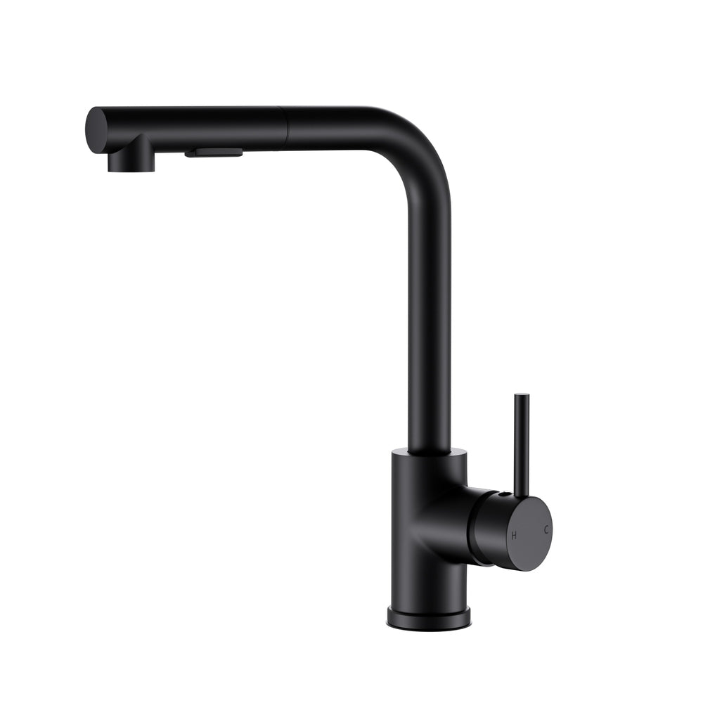 Black kitchen mixer tap with curved spout and pull-out spray head, swivel base