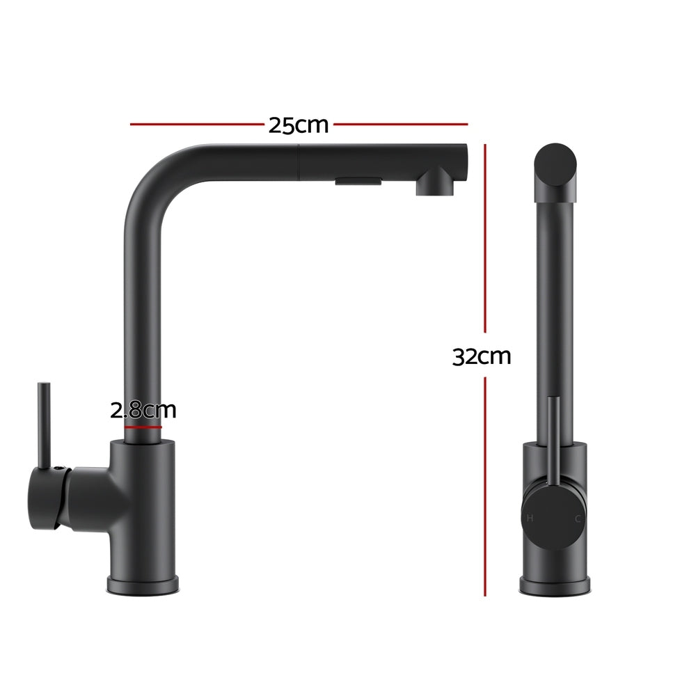 Black kitchen pull-out faucet with side controls; about 25cm reach and 32cm height