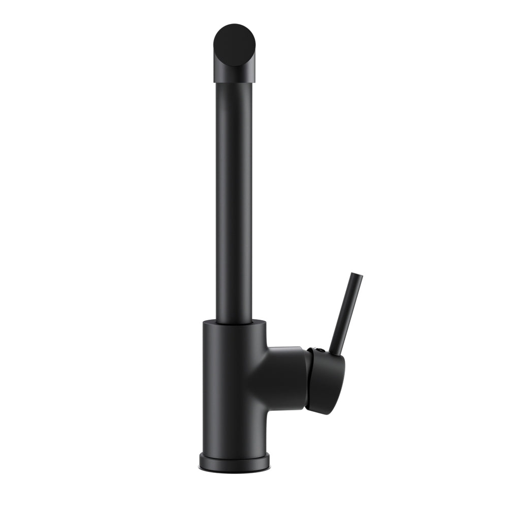 Black kitchen mixer tap with tall straight spout and side lever, round base