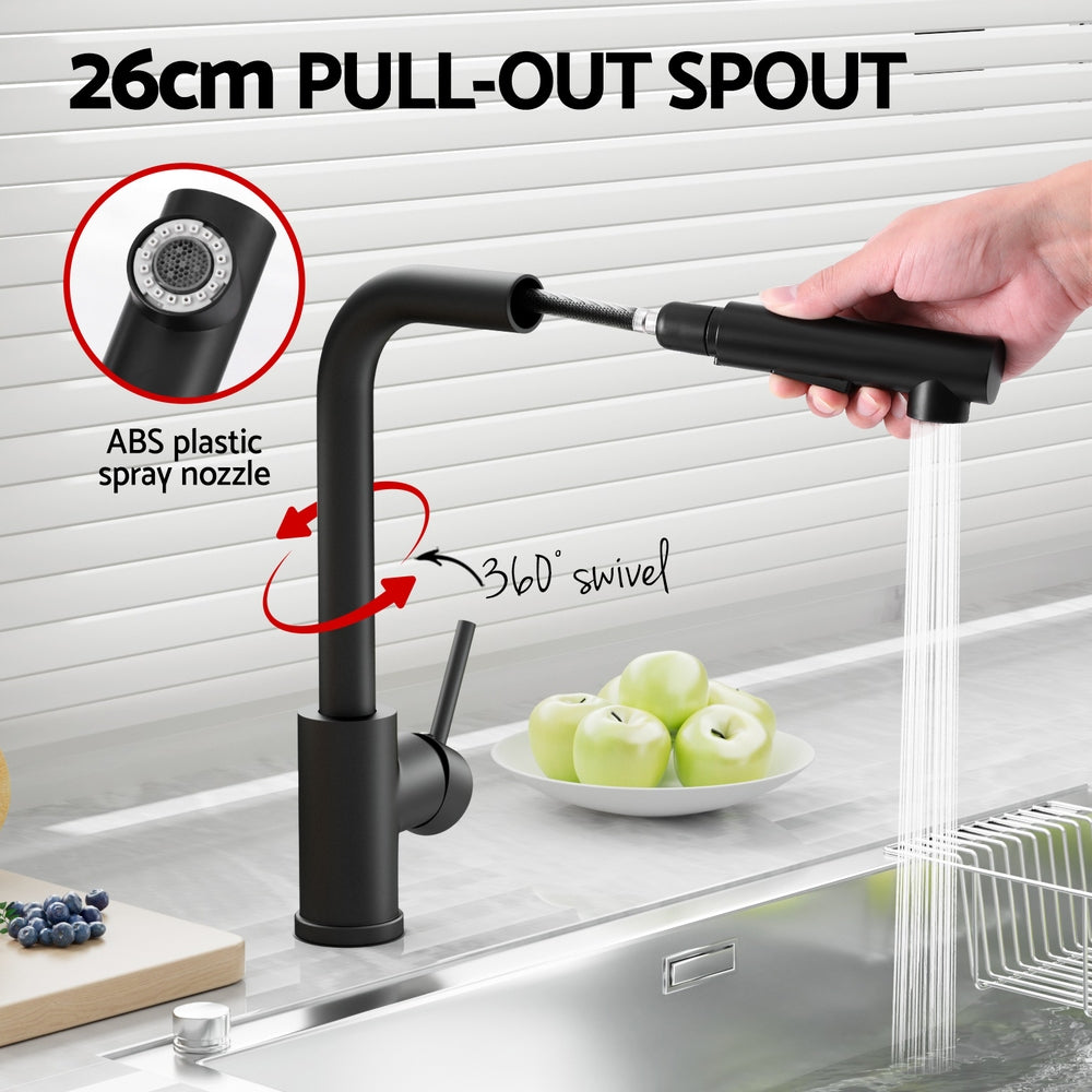 Black pull-out kitchen faucet with spray nozzle and swivel pull-out spout